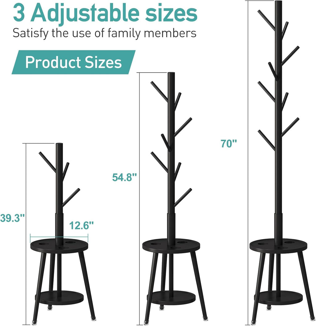 Coat Rack, Bamboo Wood Coat Freestanding with Umbrella Holder, Adjustable Height Coat Stand with 8 Hooks, kids coat rack, Used In The Bedroom Living Room, Office To Hang Clothes, Hats, Bags (Black) - Grand Goldman