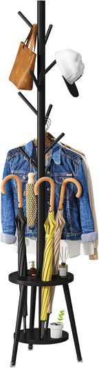Coat Rack, Bamboo Wood Coat Freestanding with Umbrella Holder, Adjustable Height Coat Stand with 8 Hooks, kids coat rack, Used In The Bedroom Living Room, Office To Hang Clothes, Hats, Bags (Black) - Grand Goldman