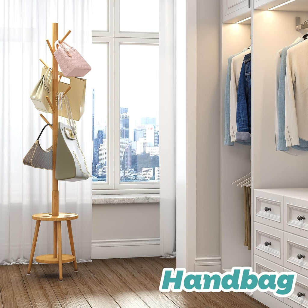 Coat Rack, Bamboo Wood Coat Freestanding with Umbrella Holder, Adjustable Height Coat Stand with 8 Hooks, kids coat rack, Used In The Bedroom Living Room, Office To Hang Clothes, Hats, Bags (Black) - Grand Goldman