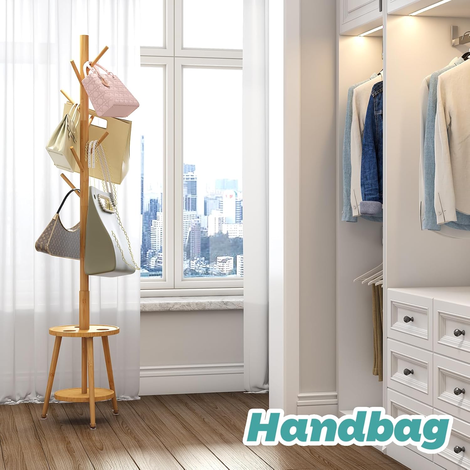 Coat Rack, Bamboo Wood Coat Freestanding with Umbrella Holder, Adjustable Height Coat Stand with 8 Hooks, kids coat rack, Used In The Bedroom Living Room, Office To Hang Clothes, Hats, Bags (Black) - Grand Goldman