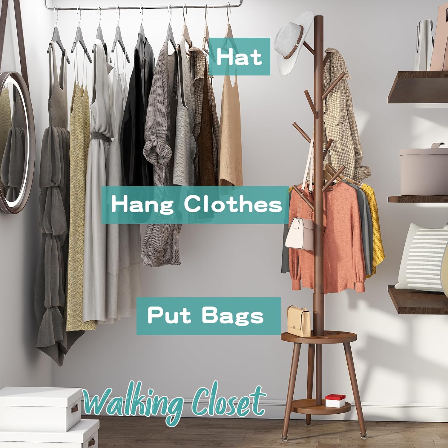 Coat Rack, Bamboo Wood Coat Freestanding with Umbrella Holder, Adjustable Height Coat Stand with 8 Hooks, kids coat rack, Used In The Bedroom Living Room, Office To Hang Clothes, Hats, Bags (Black) - Grand Goldman