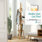 Coat Rack, Bamboo Wood Coat Freestanding with Umbrella Holder, Adjustable Height Coat Stand with 8 Hooks, kids coat rack, Used In The Bedroom Living Room, Office To Hang Clothes, Hats, Bags (Black) - Grand Goldman