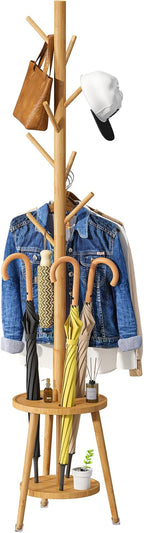 Coat Rack, Bamboo Wood Coat Freestanding with Umbrella Holder, Adjustable Height Coat Stand with 8 Hooks, kids coat rack, Used In The Bedroom Living Room, Office To Hang Clothes, Hats, Bags (Black) - Grand Goldman