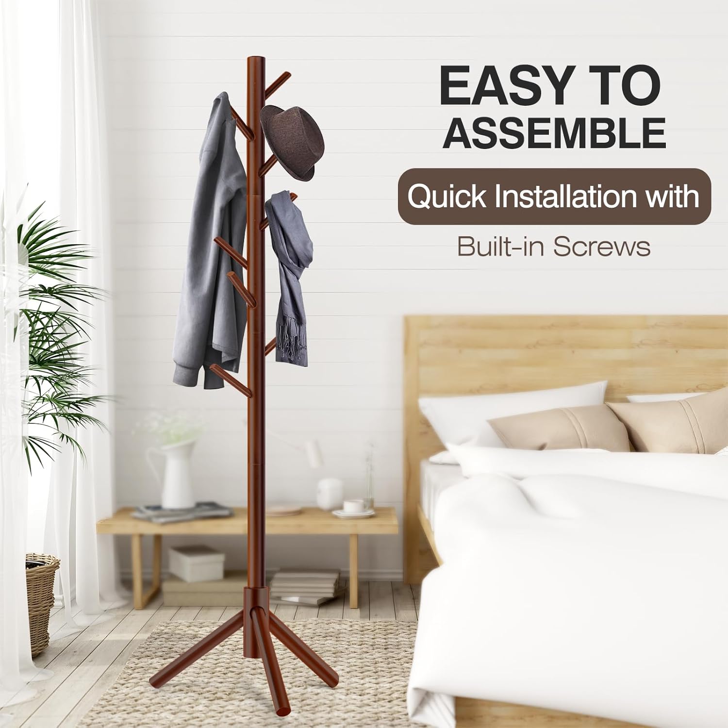Coat Rack, Freestanding Coat Rack with 8 Hooks and 3 Adjustable Size Tree Coat Racks for Bedroom, Hallway, Entrance, Office, for Hats, Coats, Scarves, Handbags - Grand Goldman