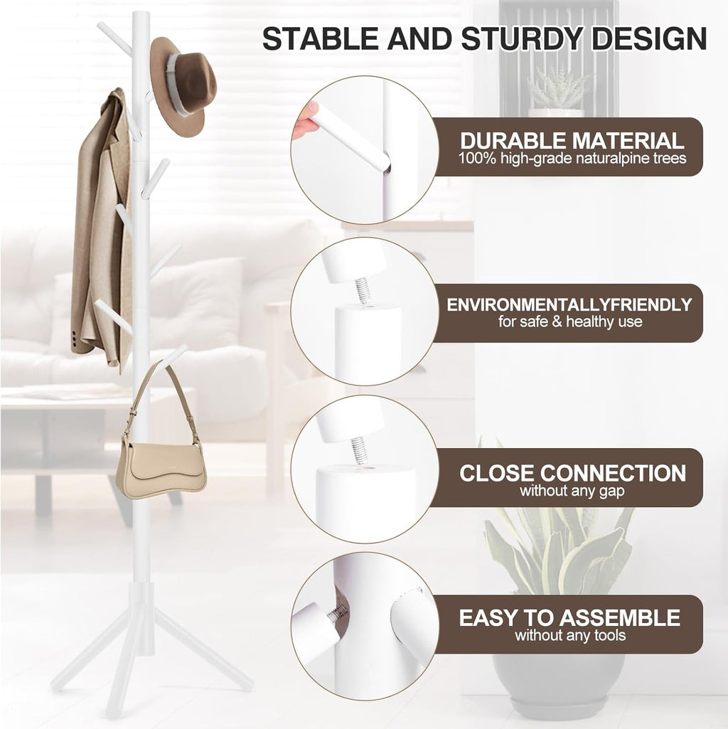 Coat Rack, Freestanding Coat Rack with 8 Hooks and 3 Adjustable Size Tree Coat Racks for Bedroom, Hallway, Entrance, Office, for Hats, Coats, Scarves, Handbags - Grand Goldman