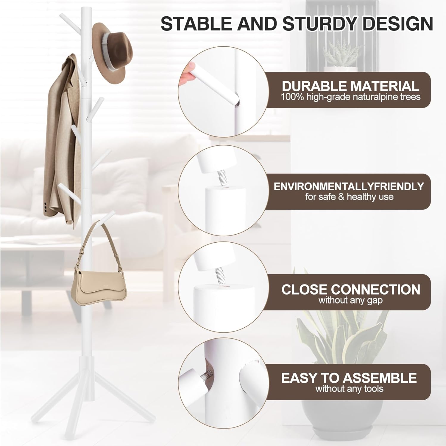 Coat Rack, Freestanding Coat Rack with 8 Hooks and 3 Adjustable Size Tree Coat Racks for Bedroom, Hallway, Entrance, Office, for Hats, Coats, Scarves, Handbags - Grand Goldman