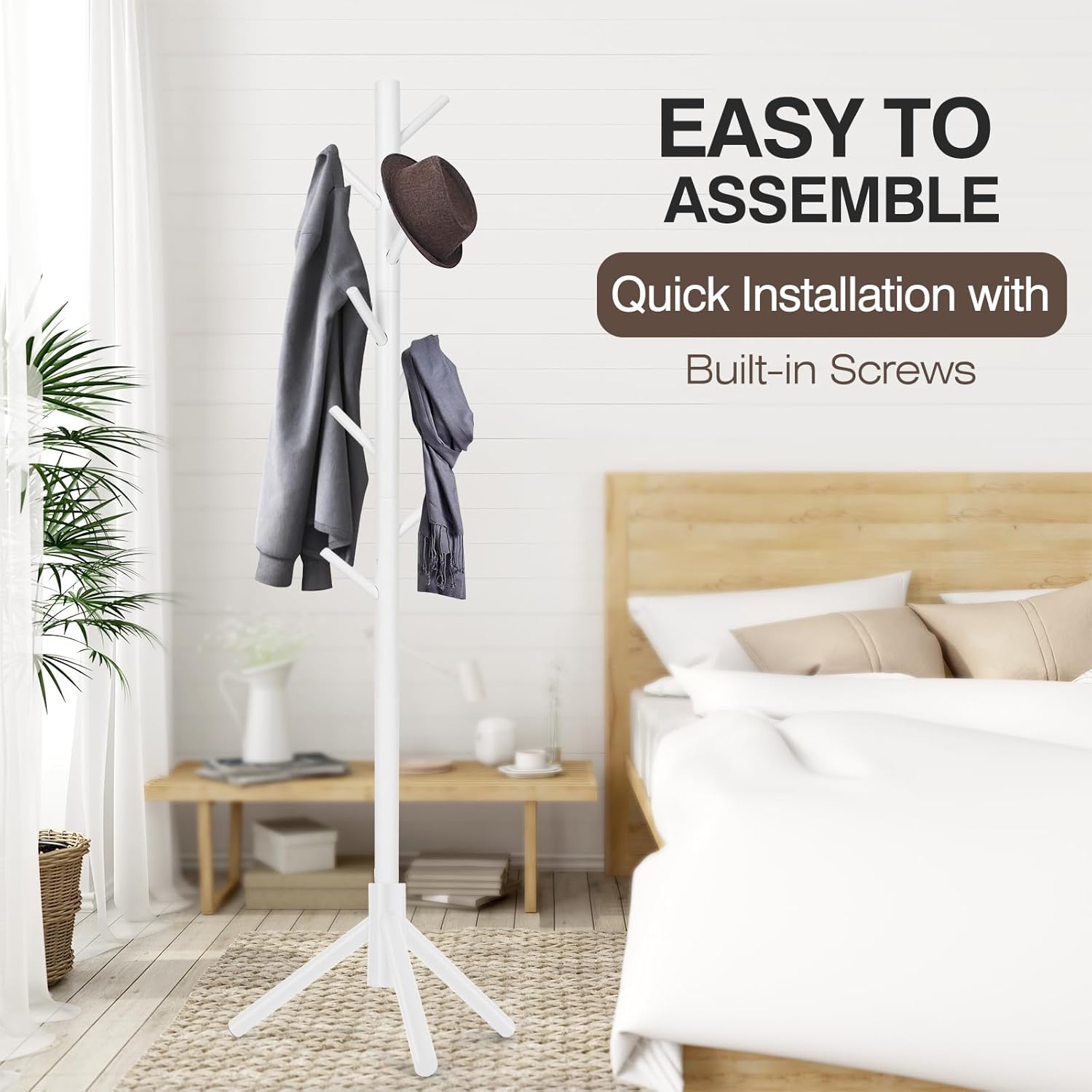 Coat Rack, Freestanding Coat Rack with 8 Hooks and 3 Adjustable Size Tree Coat Racks for Bedroom, Hallway, Entrance, Office, for Hats, Coats, Scarves, Handbags - Grand Goldman