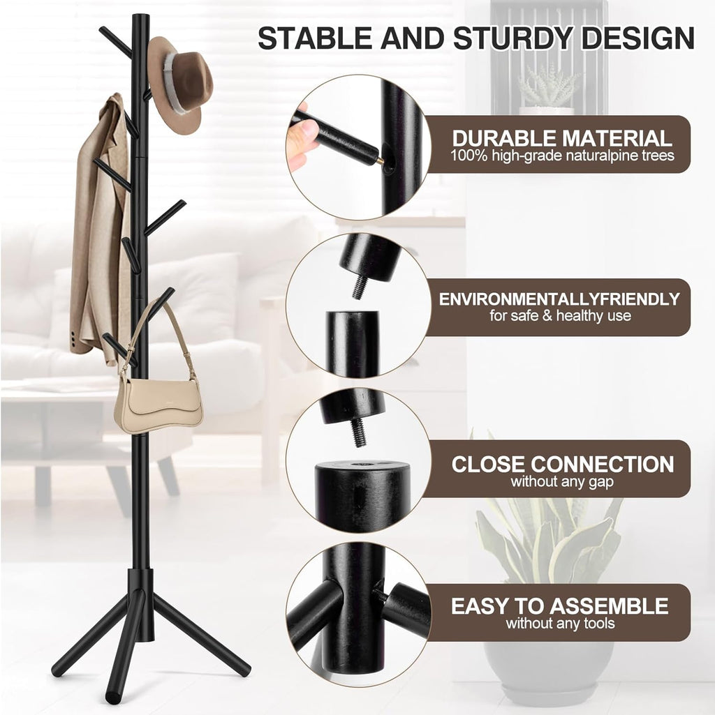 Coat Rack, Freestanding Coat Rack with 8 Hooks and 3 Adjustable Size Tree Coat Racks for Bedroom, Hallway, Entrance, Office, for Hats, Coats, Scarves, Handbags - Grand Goldman
