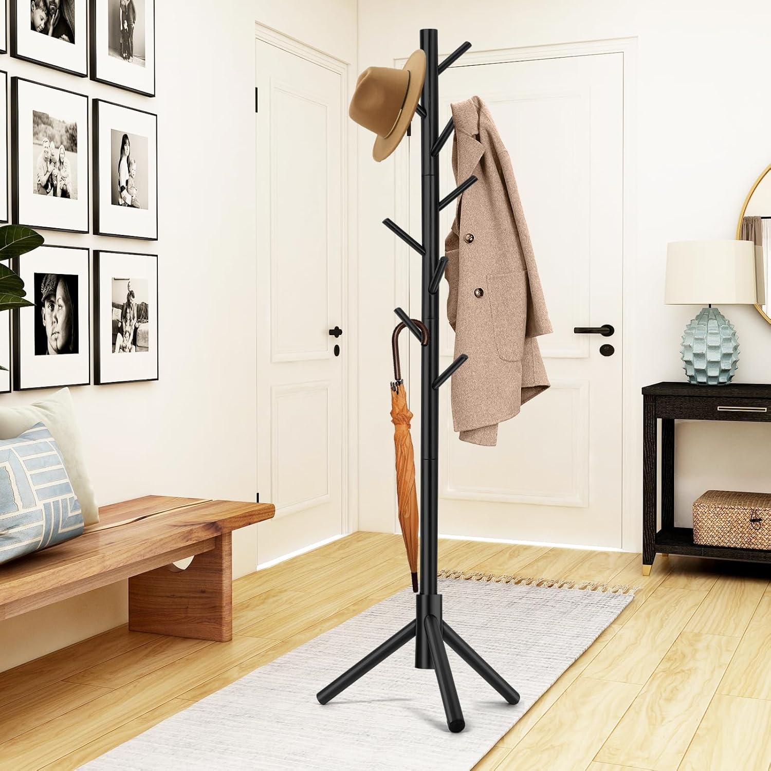 Coat Rack, Freestanding Coat Rack with 8 Hooks and 3 Adjustable Size Tree Coat Racks for Bedroom, Hallway, Entrance, Office, for Hats, Coats, Scarves, Handbags - Grand Goldman