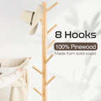 Coat Rack, Freestanding Coat Rack with 8 Hooks and 3 Adjustable Size Tree Coat Racks for Bedroom, Hallway, Entrance, Office, for Hats, Coats, Scarves, Handbags - Grand Goldman