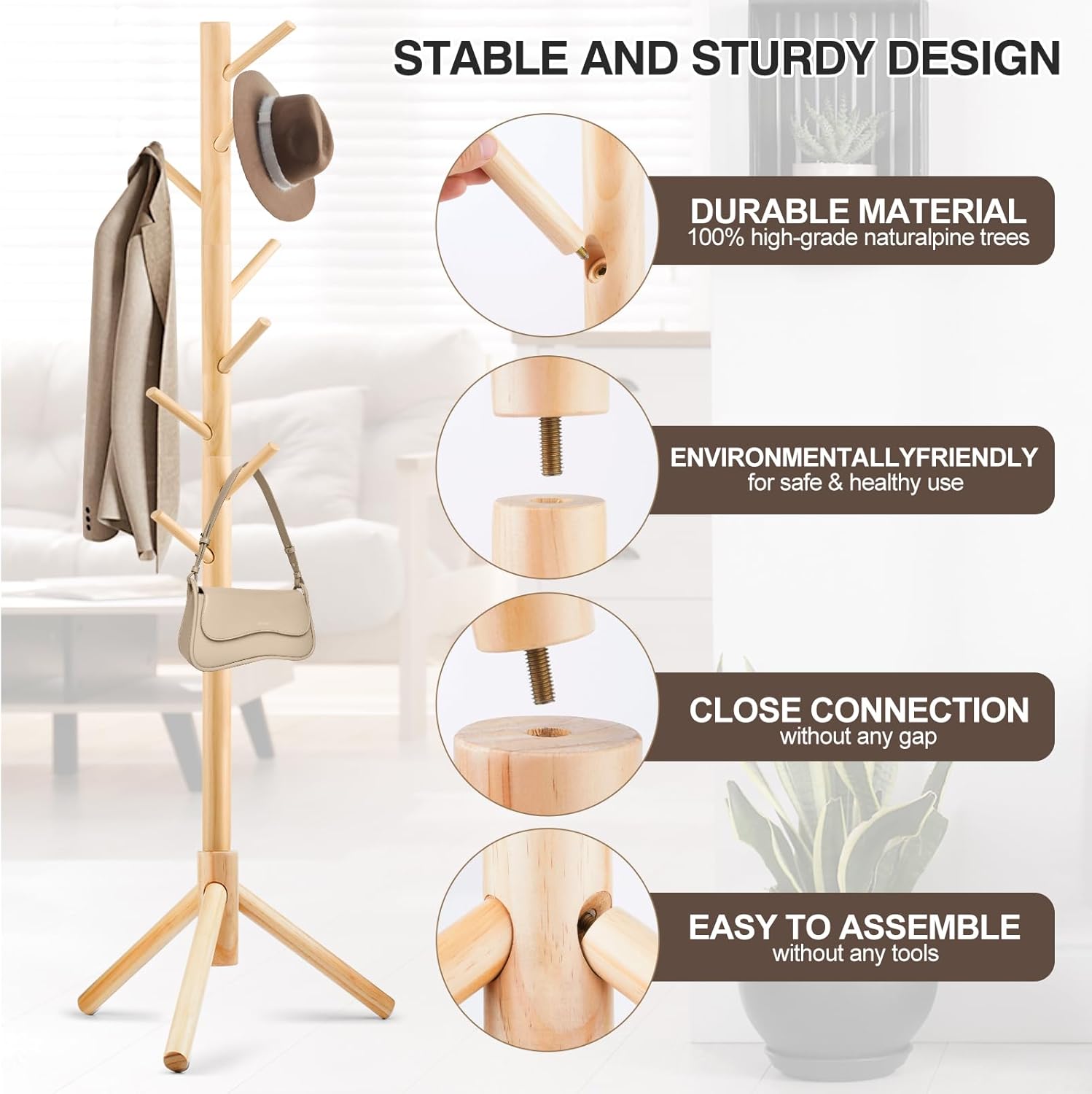 Coat Rack, Freestanding Coat Rack with 8 Hooks and 3 Adjustable Size Tree Coat Racks for Bedroom, Hallway, Entrance, Office, for Hats, Coats, Scarves, Handbags - Grand Goldman