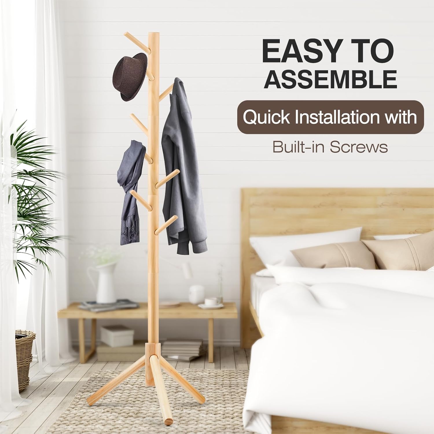 Coat Rack, Freestanding Coat Rack with 8 Hooks and 3 Adjustable Size Tree Coat Racks for Bedroom, Hallway, Entrance, Office, for Hats, Coats, Scarves, Handbags - Grand Goldman