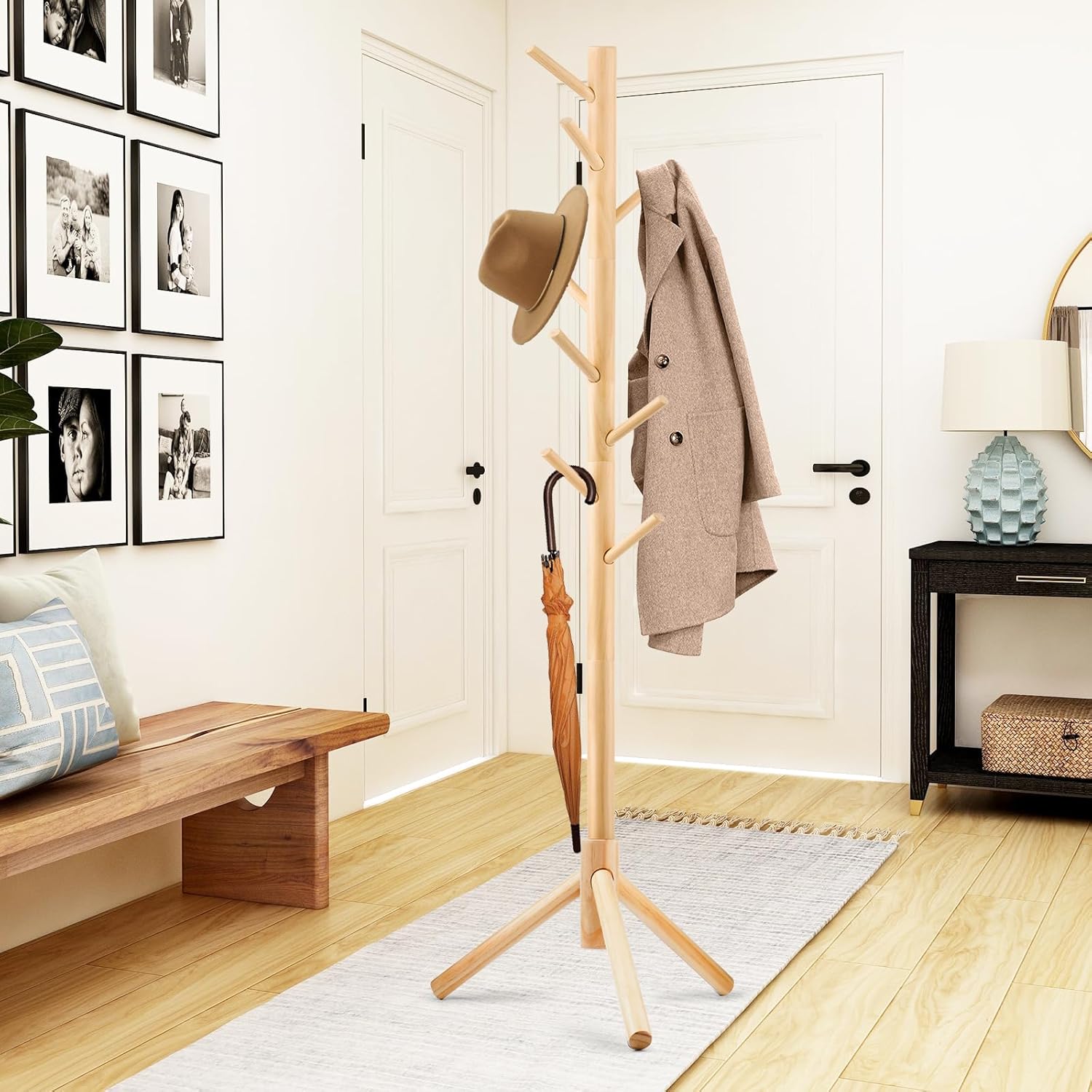 Coat Rack, Freestanding Coat Rack with 8 Hooks and 3 Adjustable Size Tree Coat Racks for Bedroom, Hallway, Entrance, Office, for Hats, Coats, Scarves, Handbags - Grand Goldman