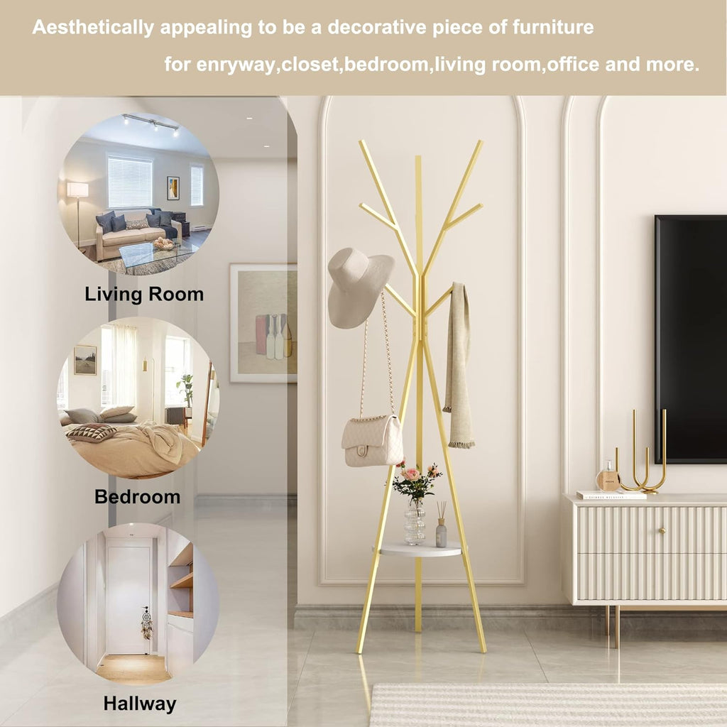 Coat Rack Hat Stand Free Standing Display Hall Tree Metal Hat Hanger Garment Storage Holder with 9 Hooks for Clothes Hats and Scarves in Gold,17.72"Wx17.72"Dx70.87" - Grand Goldman