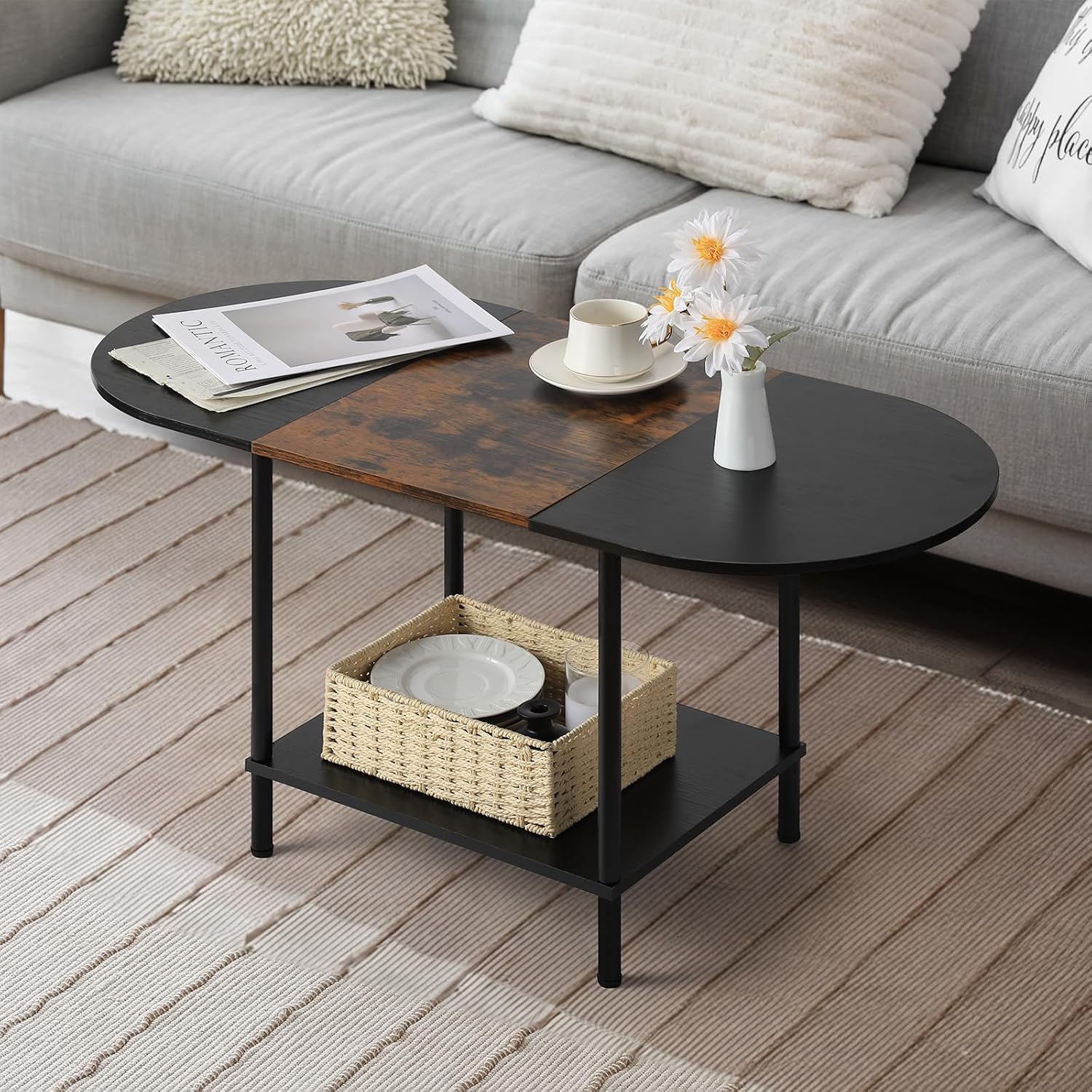 Coffee Tables for Living Room,2-Tier Small Coffee Table Industrial Modern Black Coffee Table with Storage Shelf and Wood Tabletop for Small Space,Home Office - Grand Goldman