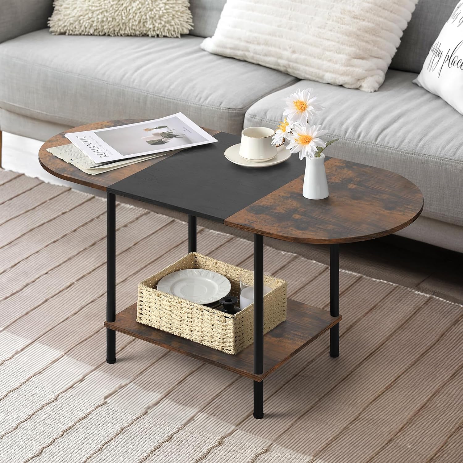 Coffee Tables for Living Room,2-Tier Small Coffee Table Industrial Modern Black Coffee Table with Storage Shelf and Wood Tabletop for Small Space,Home Office - Grand Goldman