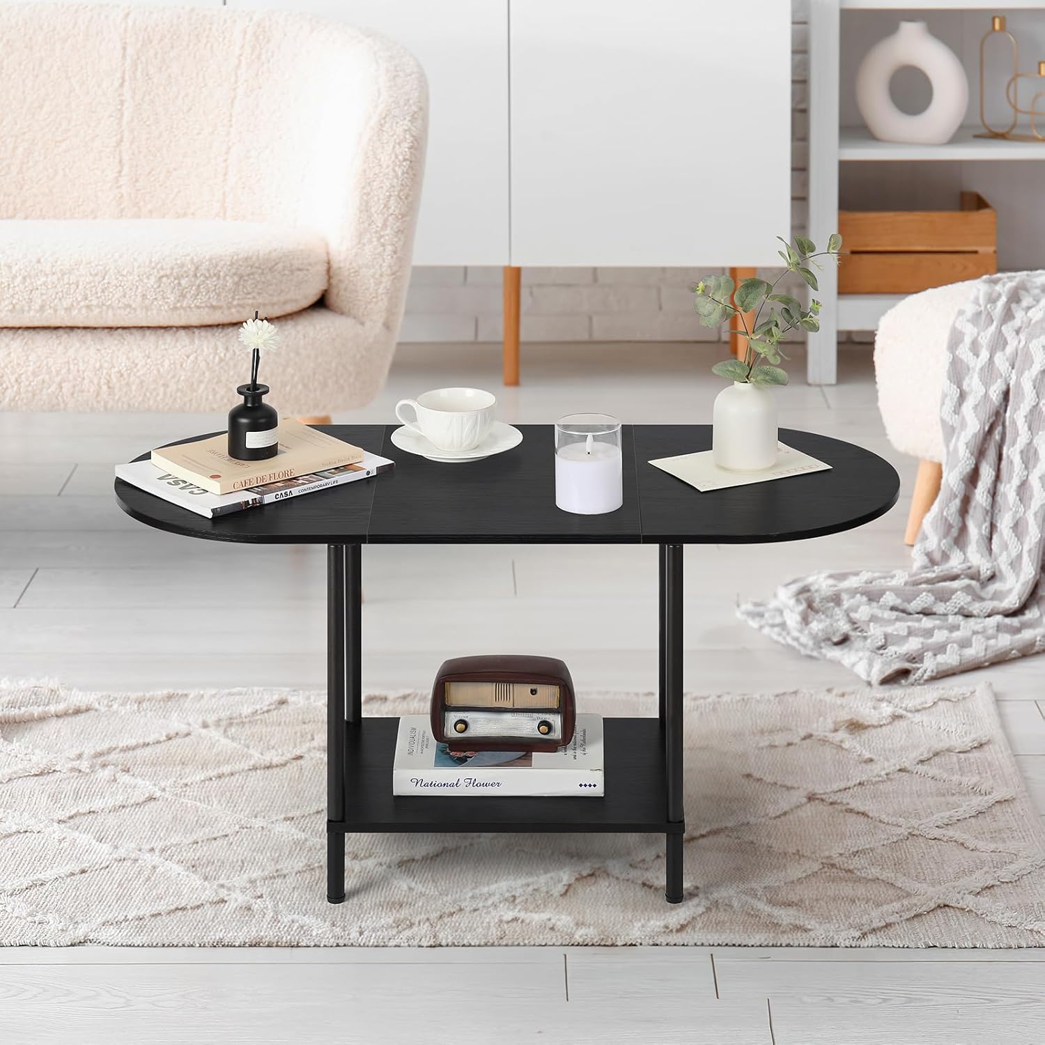 Coffee Tables for Living Room,2-Tier Small Coffee Table Industrial Modern Black Coffee Table with Storage Shelf and Wood Tabletop for Small Space,Home Office - Grand Goldman