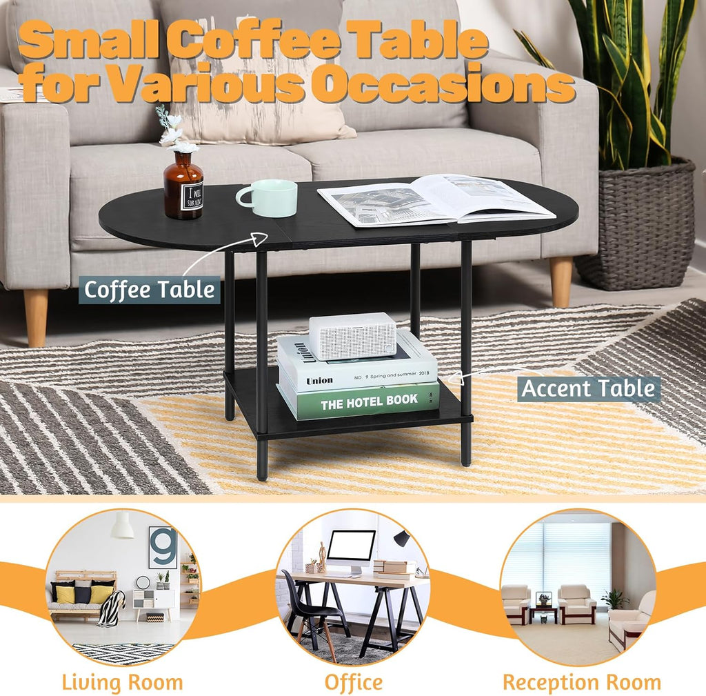 Coffee Tables for Living Room,2-Tier Small Coffee Table Industrial Modern Black Coffee Table with Storage Shelf and Wood Tabletop for Small Space,Home Office - Grand Goldman