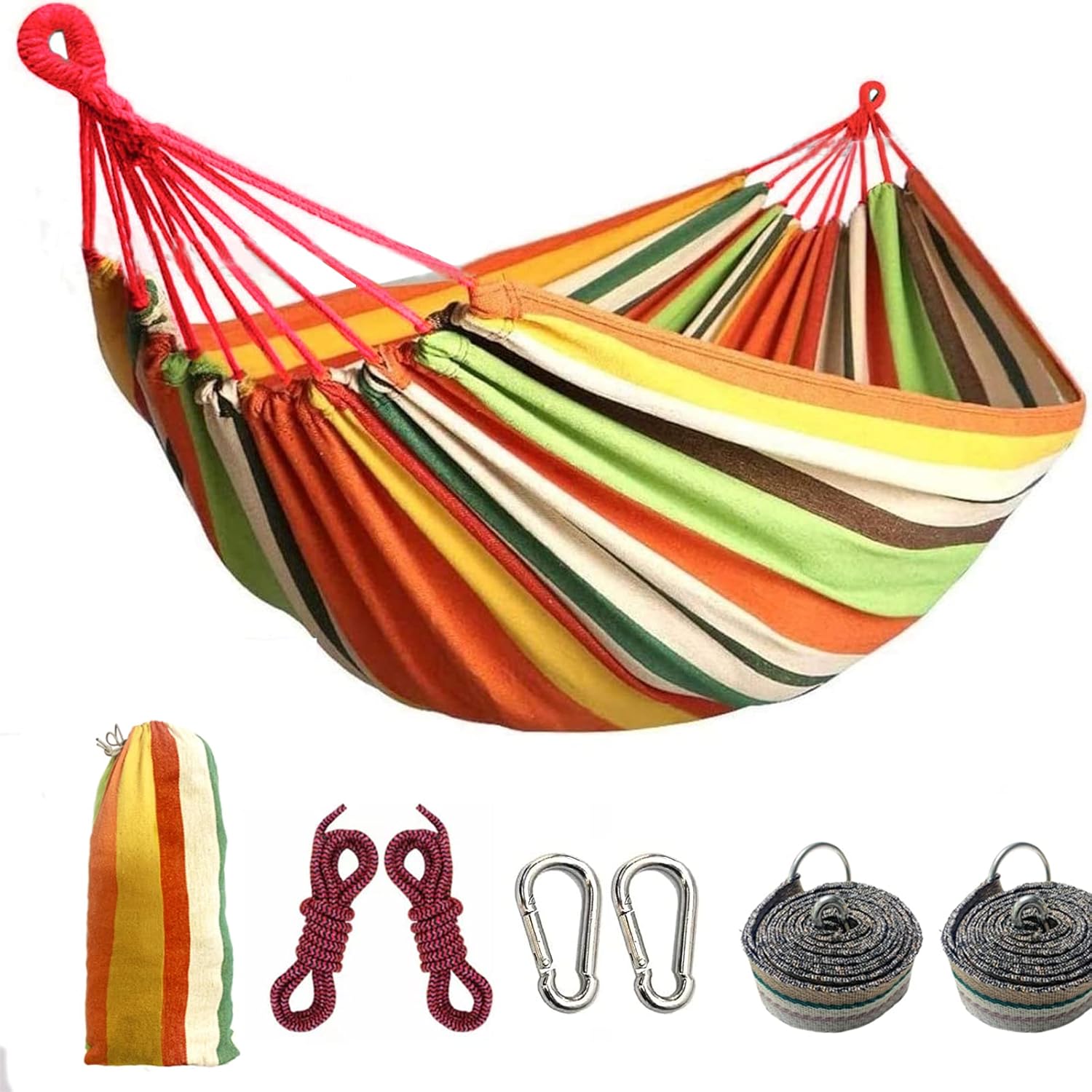 Colel Hammock, Cotton Canvas Hammock Portable Camping Hammock with Carrying Bag Two Anti Roll Balance Beam Metal Carabiner Ropes and Tree Straps for Travel Patio Garden - Grand Goldman