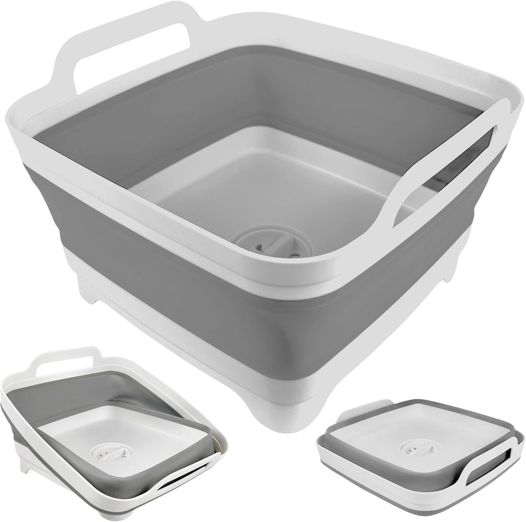 Collapsible Wash Basin for Baby Bottles with Drain Plug, 2.4 Gallons Space-Saving Camping Sink for RV, Collapsible Dish Tub (Gray) - Grand Goldman