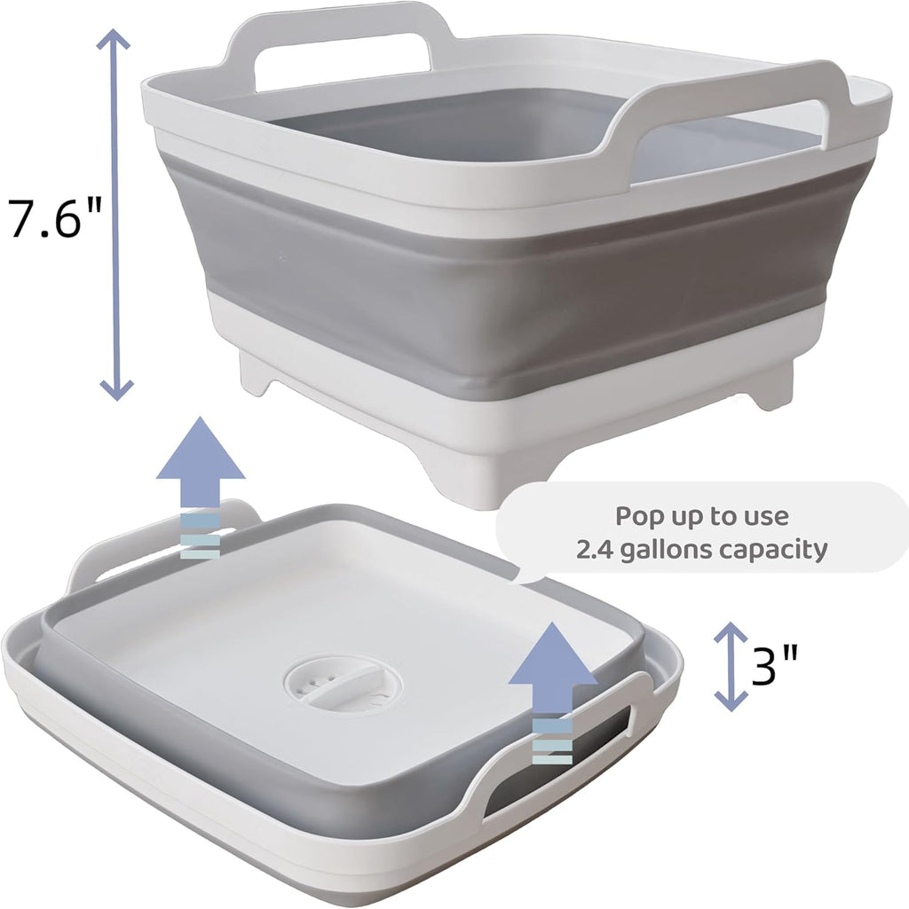 Collapsible Wash Basin for Baby Bottles with Drain Plug, 2.4 Gallons Space-Saving Camping Sink for RV, Collapsible Dish Tub (Gray) - Grand Goldman