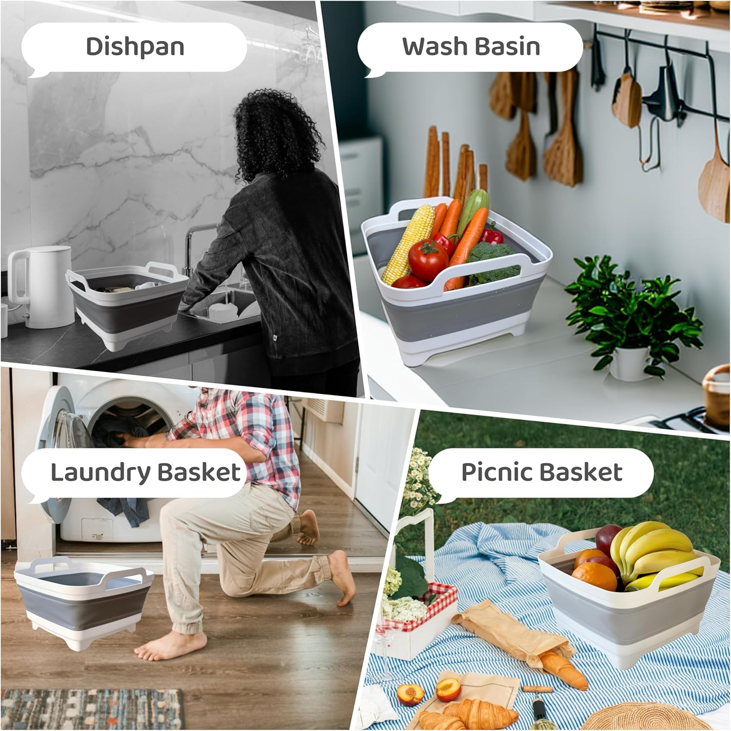 Collapsible Wash Basin for Baby Bottles with Drain Plug, 2.4 Gallons Space-Saving Camping Sink for RV, Collapsible Dish Tub (Gray) - Grand Goldman