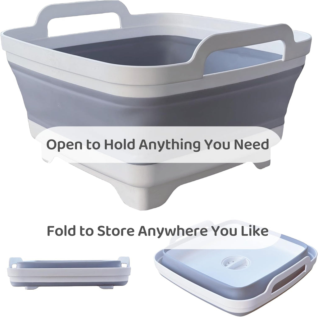 Collapsible Wash Basin for Baby Bottles with Drain Plug, 2.4 Gallons Space-Saving Camping Sink for RV, Collapsible Dish Tub (Gray) - Grand Goldman