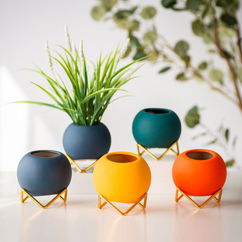 Colored Nordic Round Creative Ceramic Vase Modern Design Desktop Small Flower Pot Home Office Kitchen - Grand Goldman