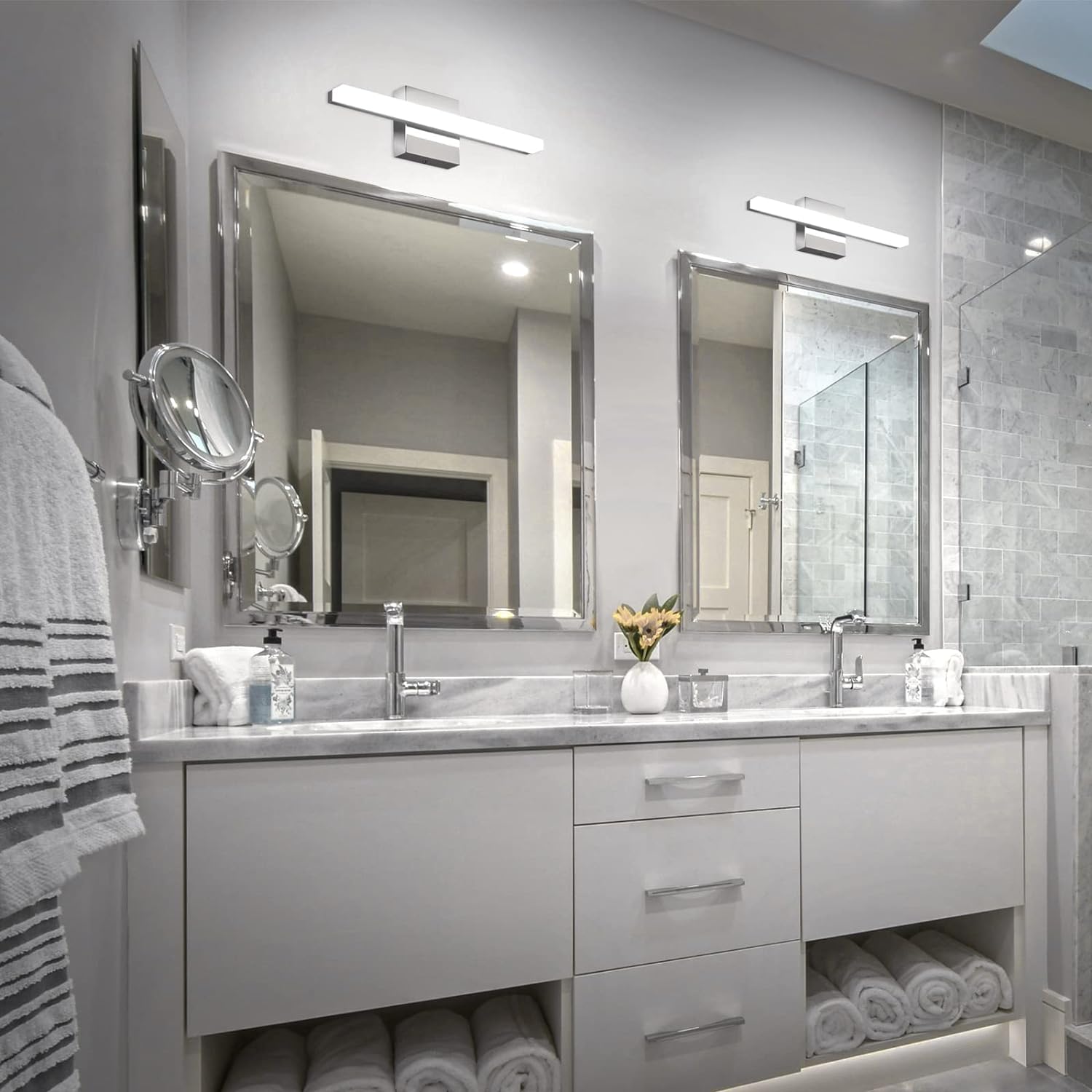 Combuh Modern Bathroom Light Fixtures Over Mirror 16 Inch IP44 9W Chrome Bathroom Vanity Light Bar for Bathroom Wall Light Fixtures Cool White 6000K - Grand Goldman