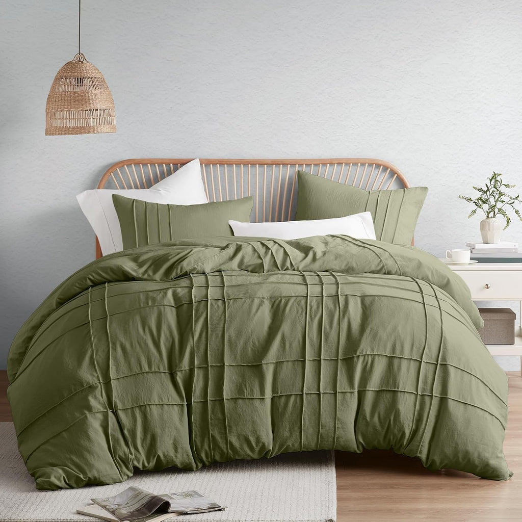 Comfort Spaces Cream Queen Size Duvet Cover Set - 3 Pieces Pintuck Pleated Duvet Cover Queen, All Season Lightweight, Extra Softness Pre-Washed Microfiber Queen Bedding Cover Shams, Full/Queen - Grand Goldman