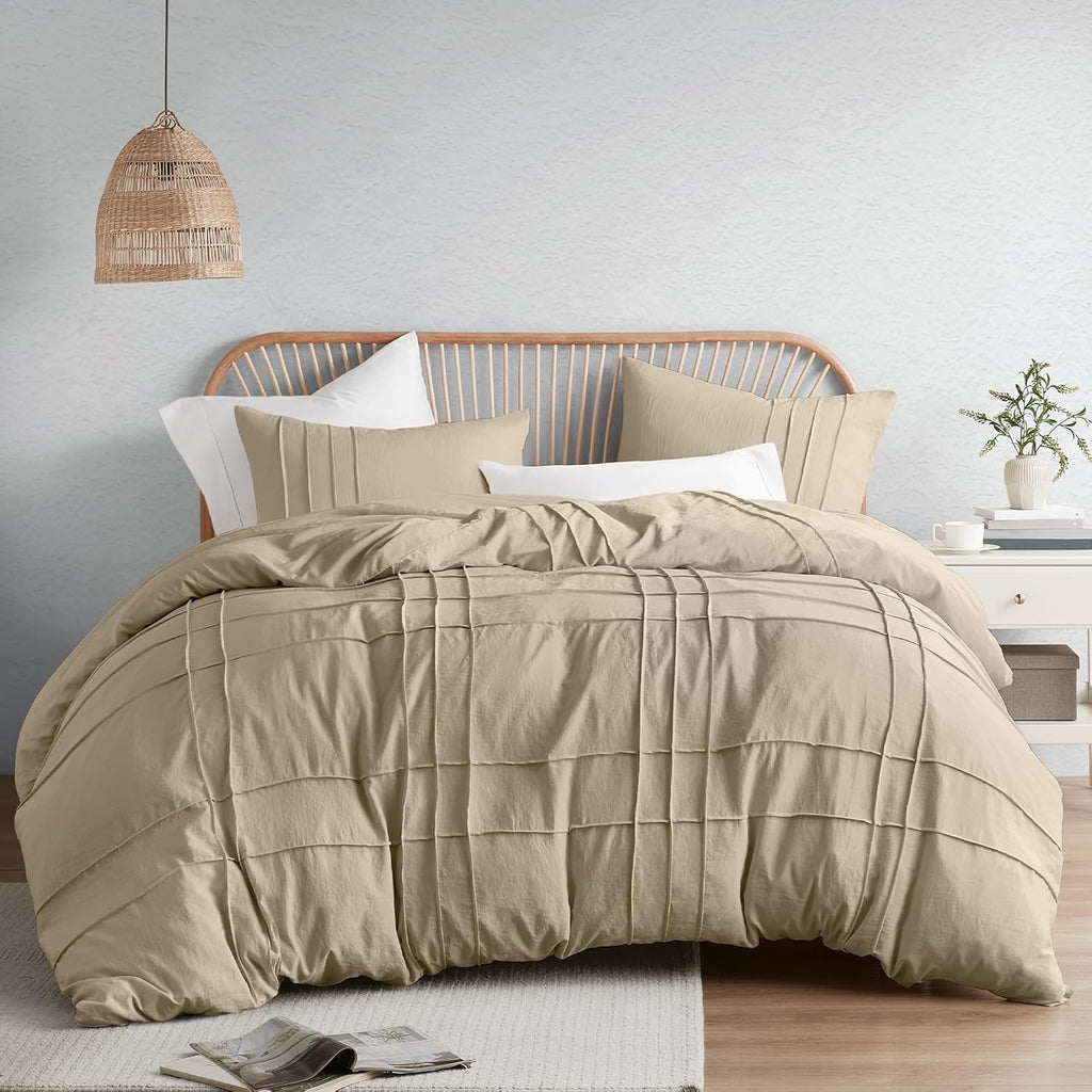 Comfort Spaces Cream Queen Size Duvet Cover Set - 3 Pieces Pintuck Pleated Duvet Cover Queen, All Season Lightweight, Extra Softness Pre-Washed Microfiber Queen Bedding Cover Shams, Full/Queen - Grand Goldman