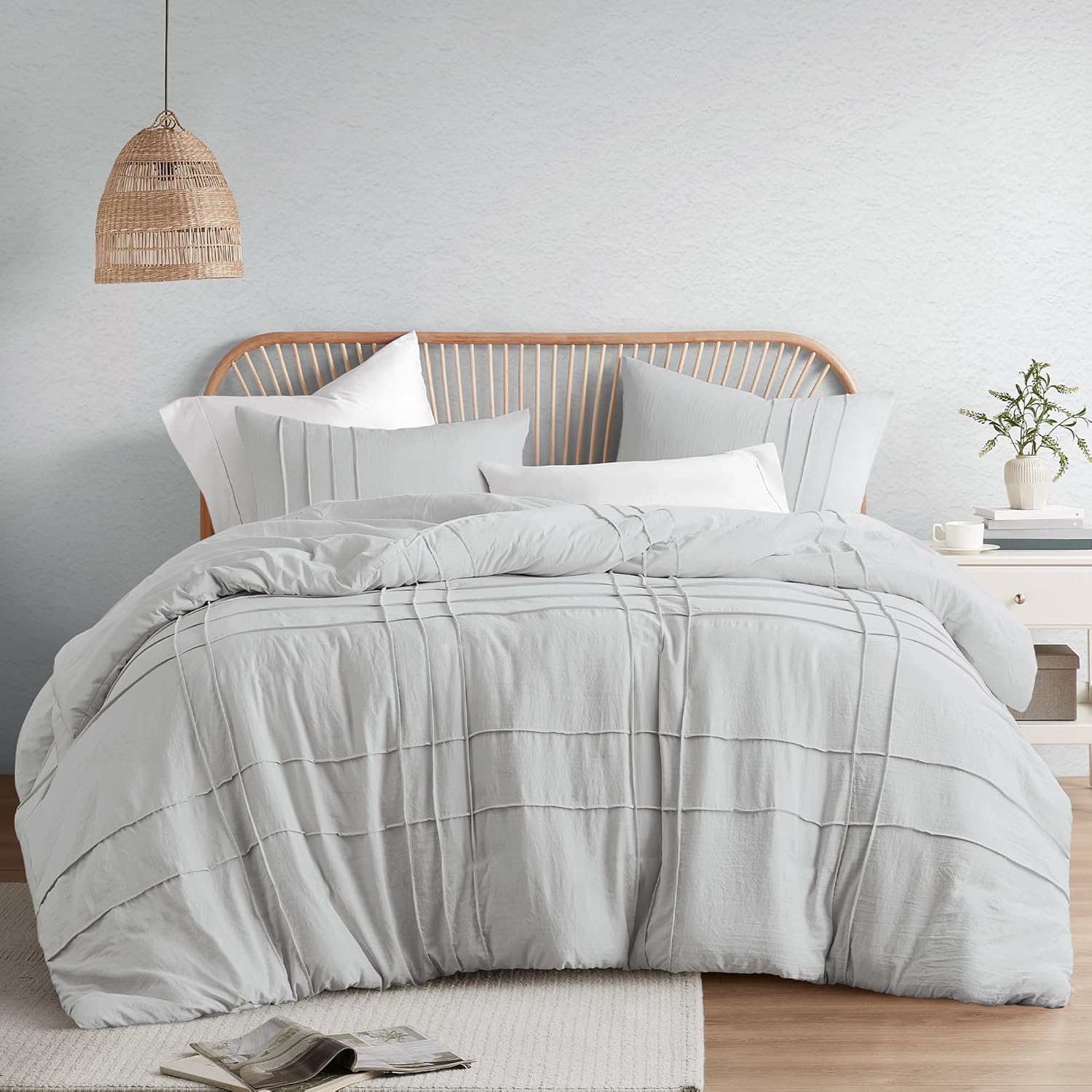 Comfort Spaces Cream Queen Size Duvet Cover Set - 3 Pieces Pintuck Pleated Duvet Cover Queen, All Season Lightweight, Extra Softness Pre-Washed Microfiber Queen Bedding Cover Shams, Full/Queen - Grand Goldman