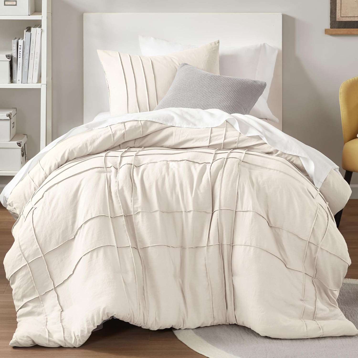 Comfort Spaces Cream Queen Size Duvet Cover Set - 3 Pieces Pintuck Pleated Duvet Cover Queen, All Season Lightweight, Extra Softness Pre-Washed Microfiber Queen Bedding Cover Shams, Full/Queen - Grand Goldman