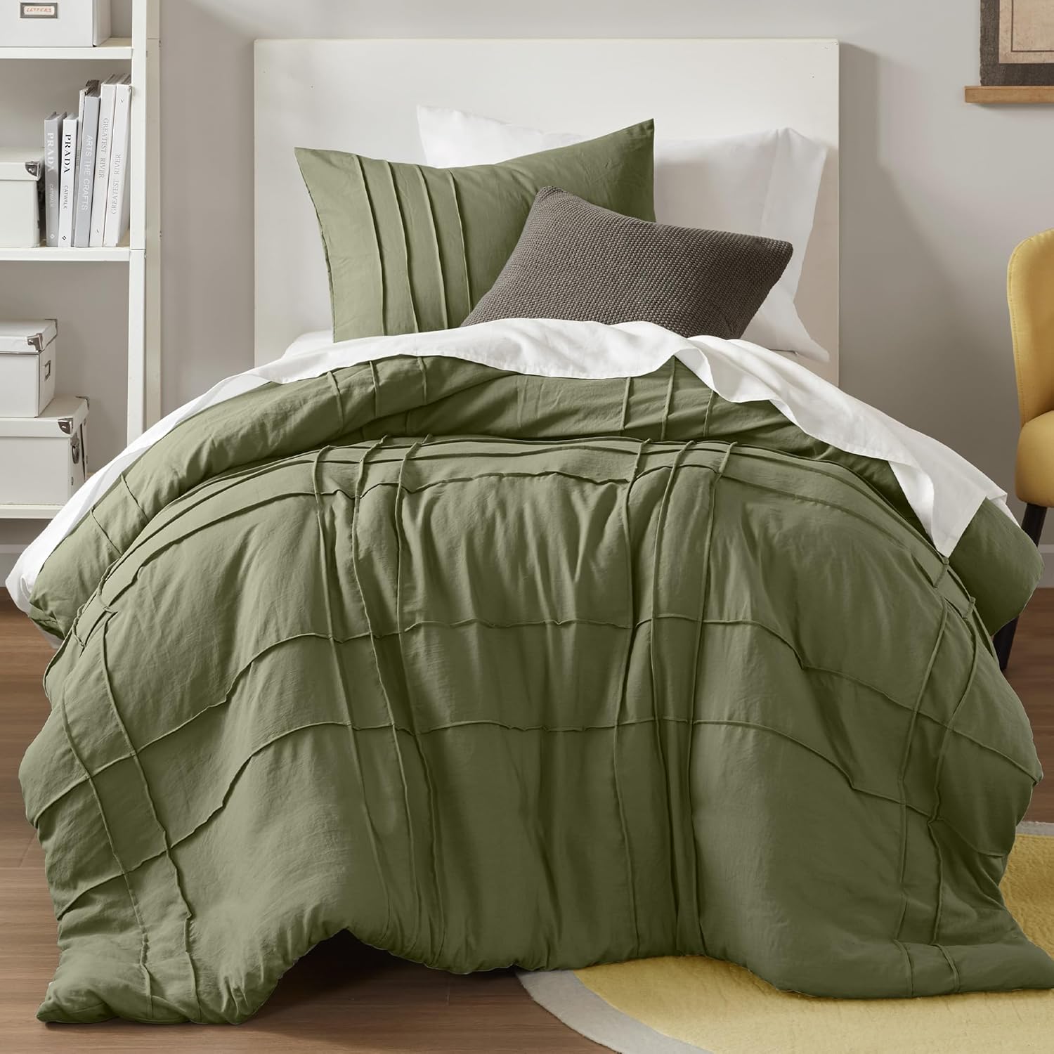 Comfort Spaces Cream Queen Size Duvet Cover Set - 3 Pieces Pintuck Pleated Duvet Cover Queen, All Season Lightweight, Extra Softness Pre-Washed Microfiber Queen Bedding Cover Shams, Full/Queen - Grand Goldman