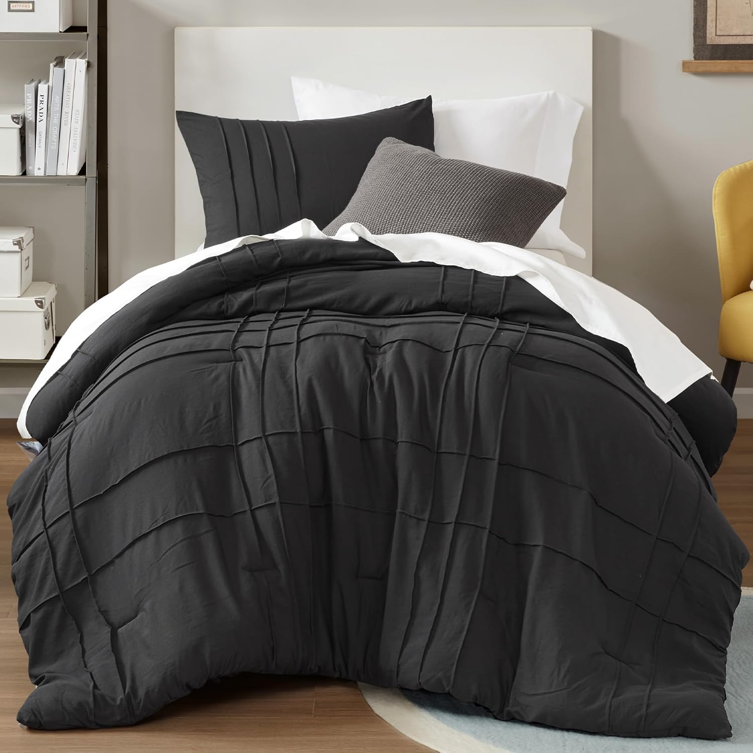 Comfort Spaces Cream Queen Size Duvet Cover Set - 3 Pieces Pintuck Pleated Duvet Cover Queen, All Season Lightweight, Extra Softness Pre-Washed Microfiber Queen Bedding Cover Shams, Full/Queen - Grand Goldman