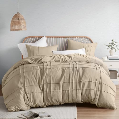 Comfort Spaces Cream Queen Size Duvet Cover Set - 3 Pieces Pintuck Pleated Duvet Cover Queen, All Season Lightweight, Extra Softness Pre-Washed Microfiber Queen Bedding Cover Shams, Full/Queen - Grand Goldman