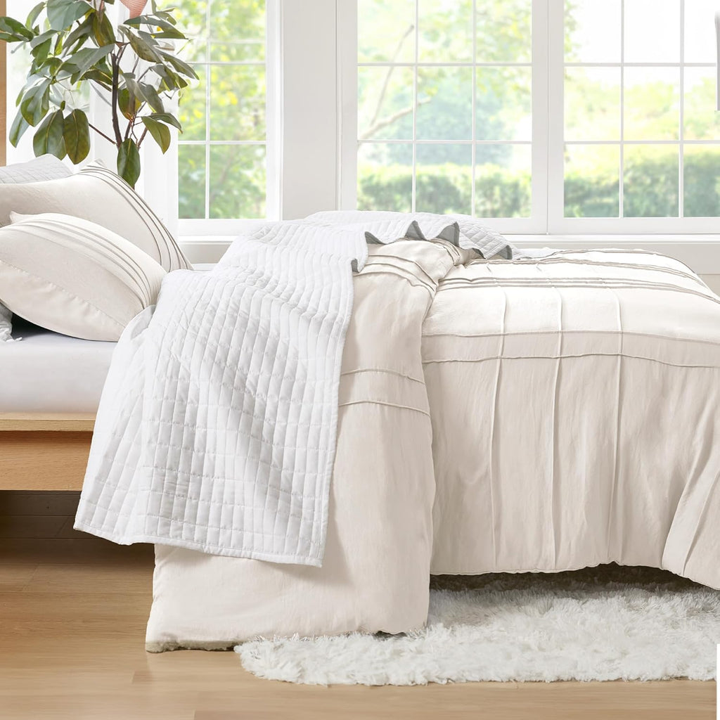 Comfort Spaces Cream Queen Size Duvet Cover Set - 3 Pieces Pintuck Pleated Duvet Cover Queen, All Season Lightweight, Extra Softness Pre-Washed Microfiber Queen Bedding Cover Shams, Full/Queen - Grand Goldman