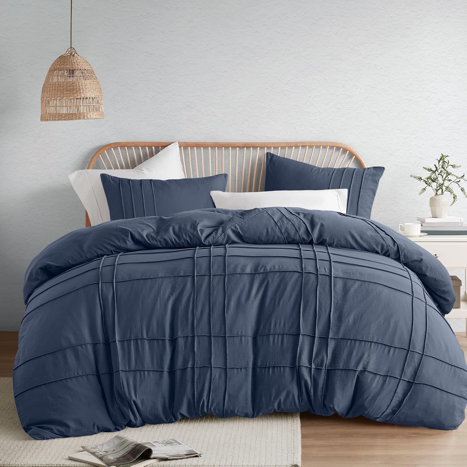 Comfort Spaces Cream Queen Size Duvet Cover Set - 3 Pieces Pintuck Pleated Duvet Cover Queen, All Season Lightweight, Extra Softness Pre-Washed Microfiber Queen Bedding Cover Shams, Full/Queen - Grand Goldman