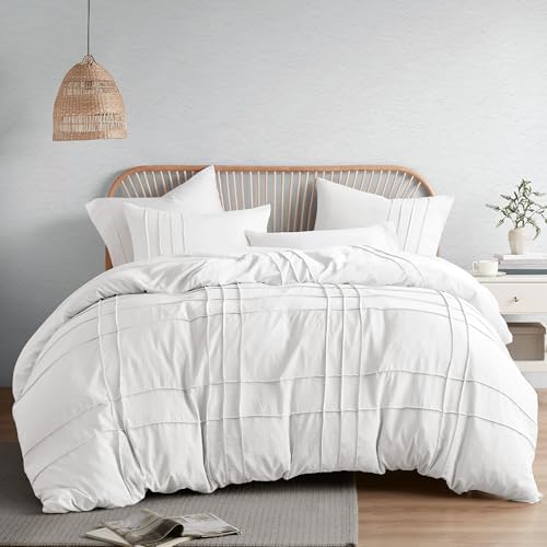 Comfort Spaces Cream Queen Size Duvet Cover Set - 3 Pieces Pintuck Pleated Duvet Cover Queen, All Season Lightweight, Extra Softness Pre-Washed Microfiber Queen Bedding Cover Shams, Full/Queen - Grand Goldman