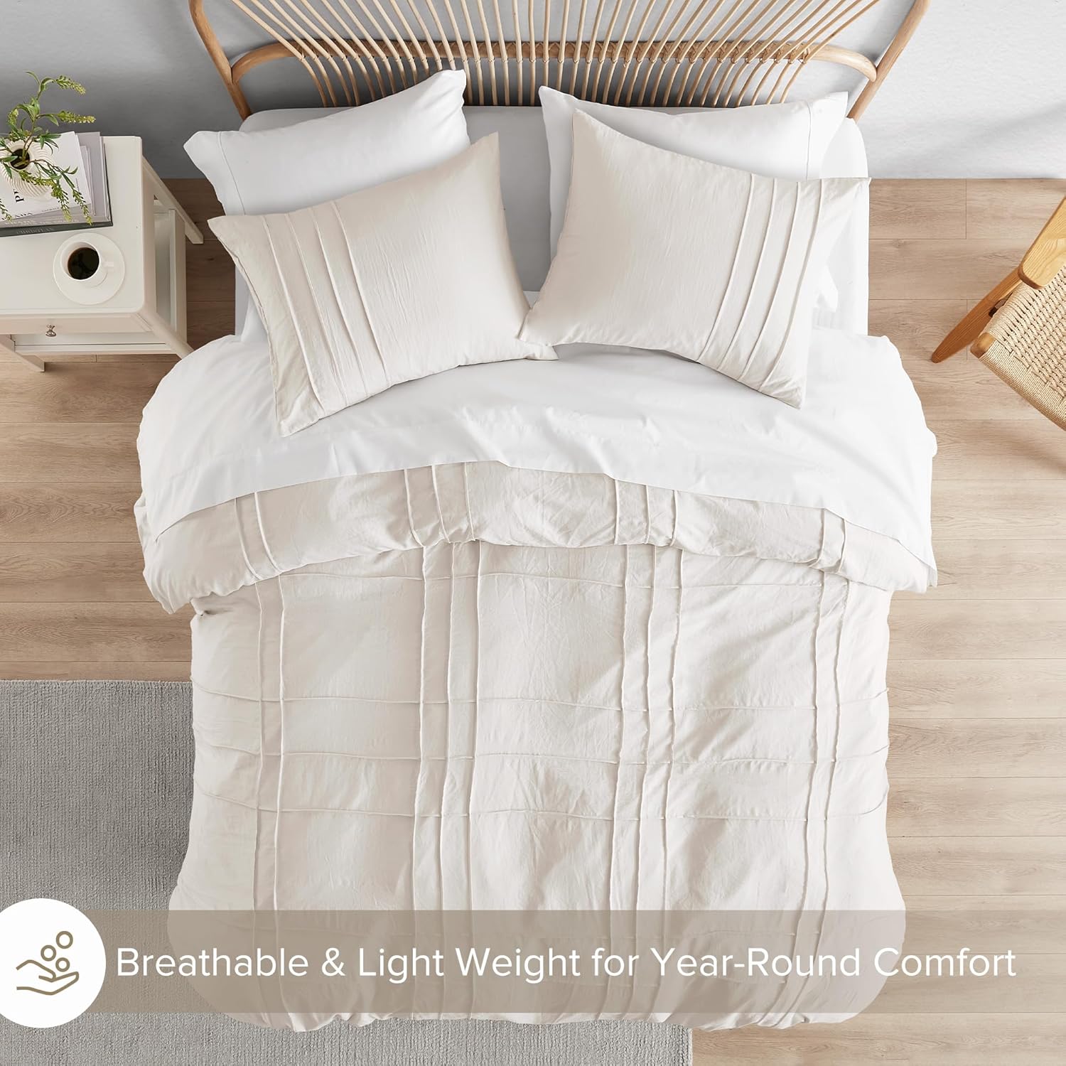 Comfort Spaces Cream Queen Size Duvet Cover Set - 3 Pieces Pintuck Pleated Duvet Cover Queen, All Season Lightweight, Extra Softness Pre-Washed Microfiber Queen Bedding Cover Shams, Full/Queen - Grand Goldman