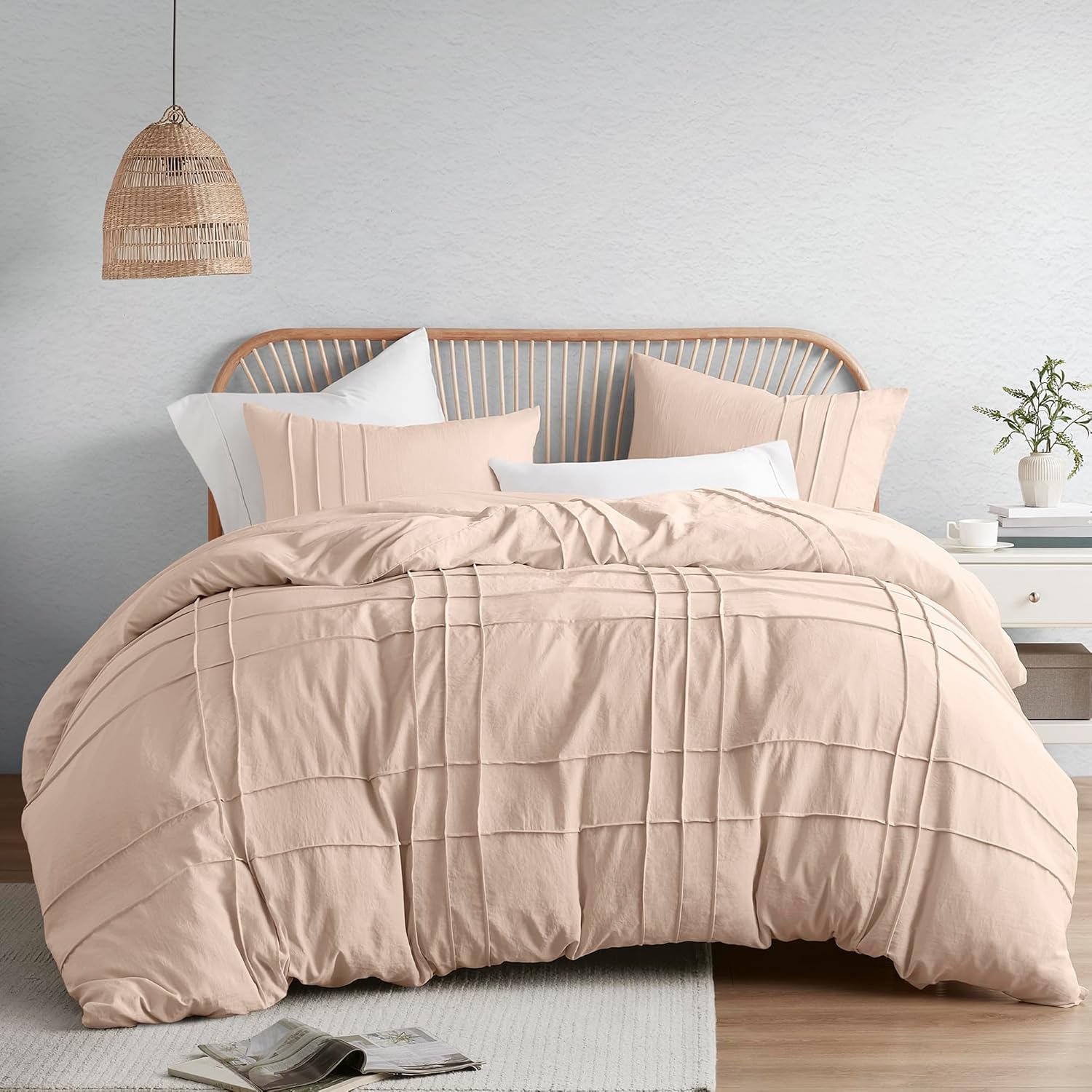 Comfort Spaces Cream Queen Size Duvet Cover Set - 3 Pieces Pintuck Pleated Duvet Cover Queen, All Season Lightweight, Extra Softness Pre-Washed Microfiber Queen Bedding Cover Shams, Full/Queen - Grand Goldman