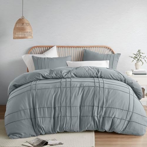 Comfort Spaces Cream Queen Size Duvet Cover Set - 3 Pieces Pintuck Pleated Duvet Cover Queen, All Season Lightweight, Extra Softness Pre-Washed Microfiber Queen Bedding Cover Shams, Full/Queen - Grand Goldman