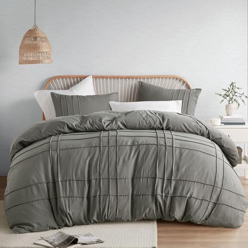 Comfort Spaces Cream Queen Size Duvet Cover Set - 3 Pieces Pintuck Pleated Duvet Cover Queen, All Season Lightweight, Extra Softness Pre-Washed Microfiber Queen Bedding Cover Shams, Full/Queen - Grand Goldman