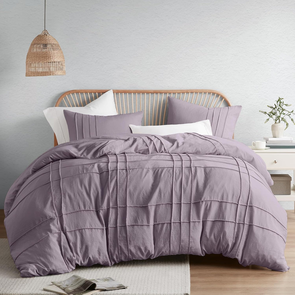 Comfort Spaces Cream Queen Size Duvet Cover Set - 3 Pieces Pintuck Pleated Duvet Cover Queen, All Season Lightweight, Extra Softness Pre-Washed Microfiber Queen Bedding Cover Shams, Full/Queen - Grand Goldman