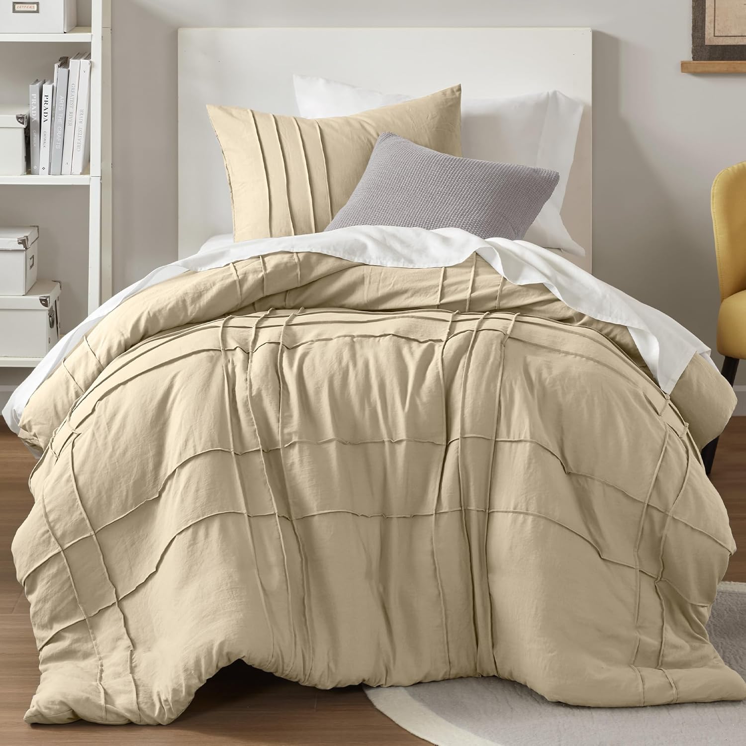 Comfort Spaces Cream Queen Size Duvet Cover Set - 3 Pieces Pintuck Pleated Duvet Cover Queen, All Season Lightweight, Extra Softness Pre-Washed Microfiber Queen Bedding Cover Shams, Full/Queen - Grand Goldman