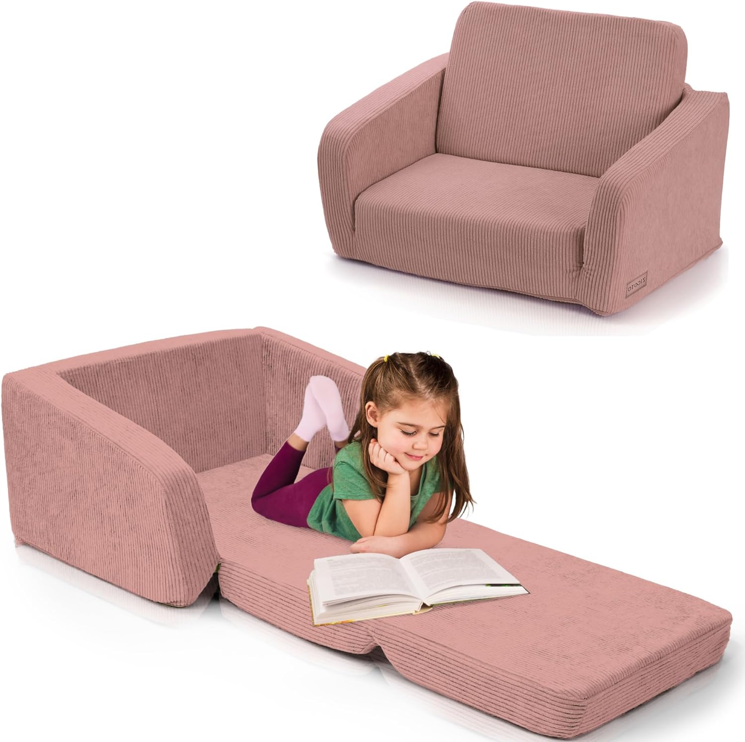 Comfy Kids Chair for Toddler - Stylish 2 in 1 Lounger Made of Memory Foam Easily Unfolds Into a Soft Baby Couch to Nap On - Modern Fold Out Sofa for the Little Ones - Grand Goldman