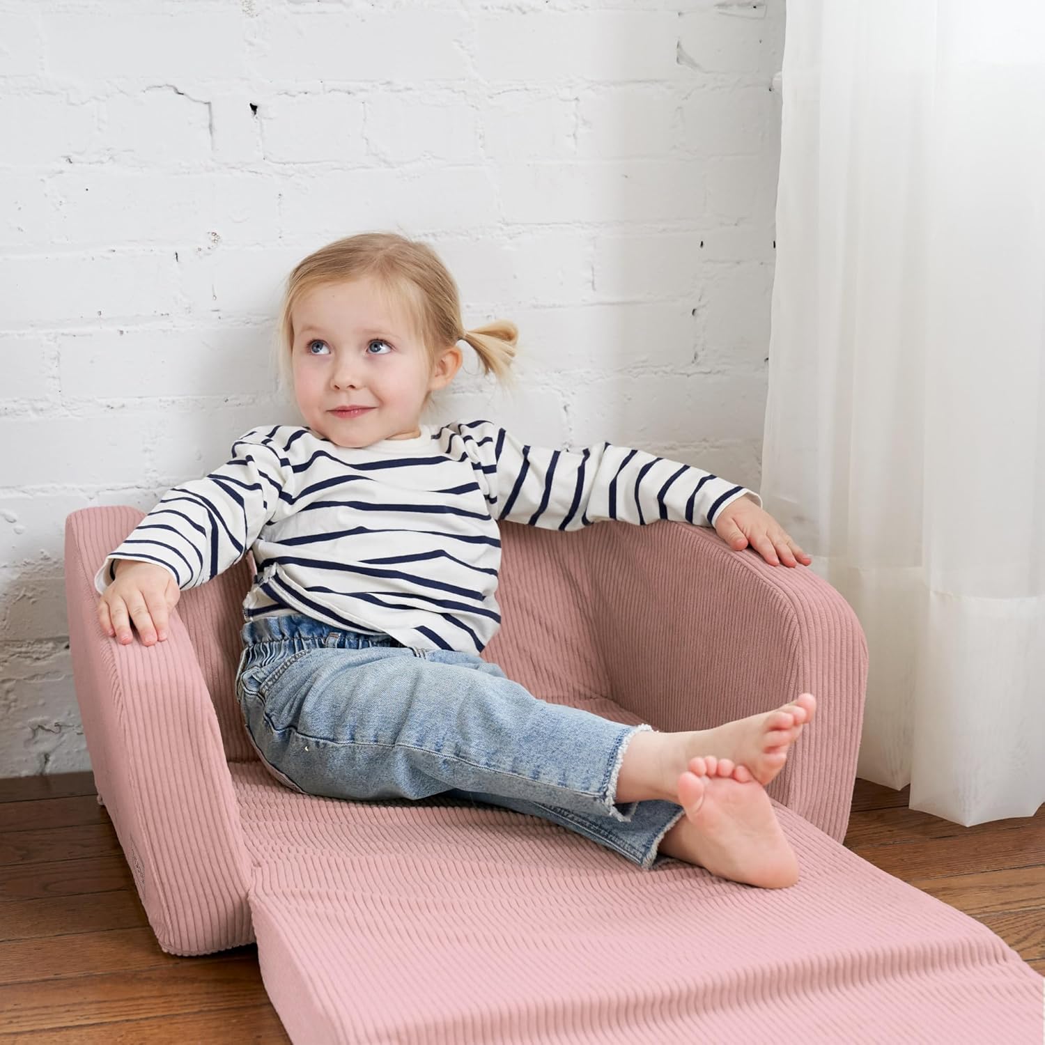 Comfy Kids Chair for Toddler - Stylish 2 in 1 Lounger Made of Memory Foam Easily Unfolds Into a Soft Baby Couch to Nap On - Modern Fold Out Sofa for the Little Ones - Grand Goldman