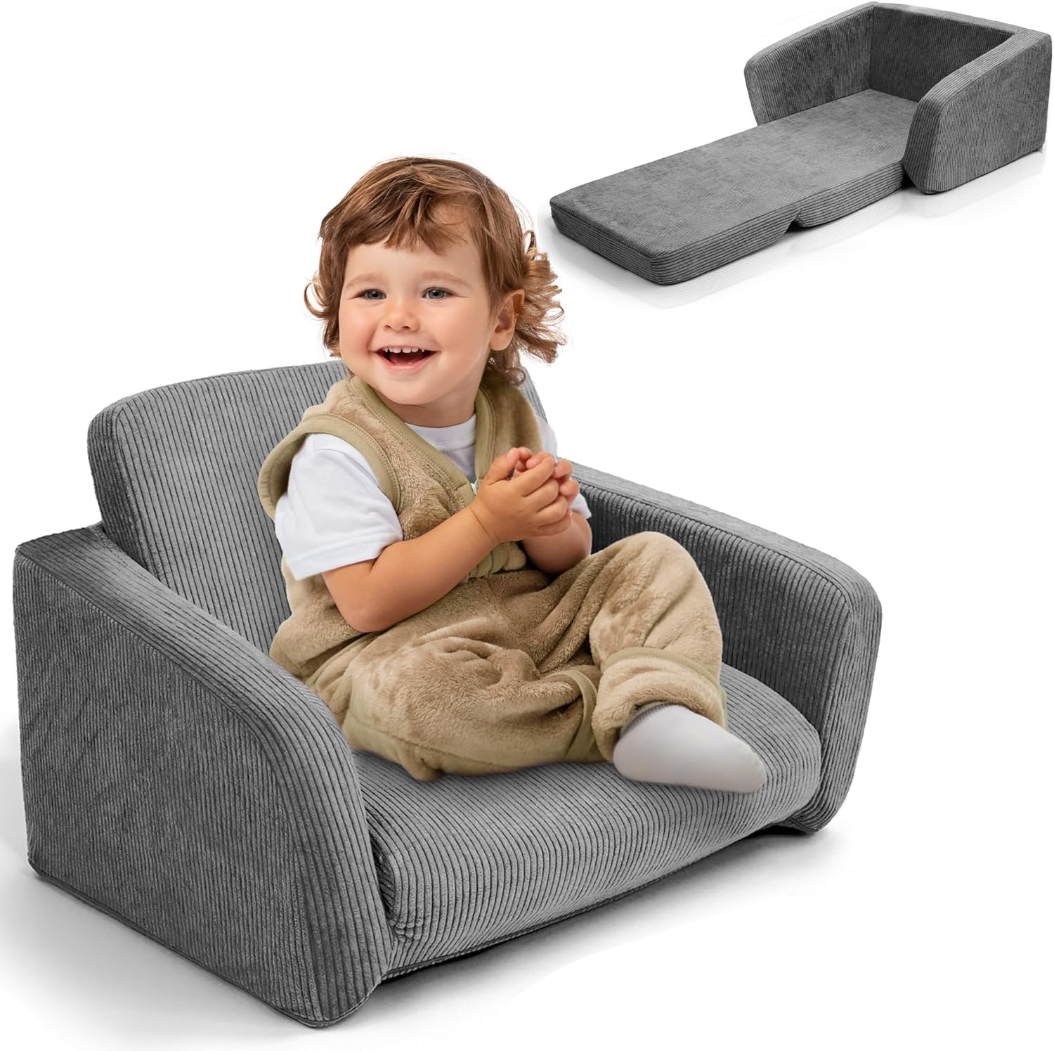 Comfy Kids Chair for Toddler - Stylish 2 in 1 Lounger Made of Memory Foam Easily Unfolds Into a Soft Baby Couch to Nap On - Modern Fold Out Sofa for the Little Ones - Grand Goldman