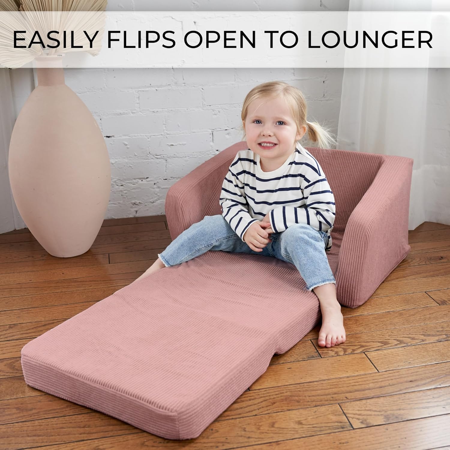 Comfy Kids Chair for Toddler - Stylish 2 in 1 Lounger Made of Memory Foam Easily Unfolds Into a Soft Baby Couch to Nap On - Modern Fold Out Sofa for the Little Ones - Grand Goldman