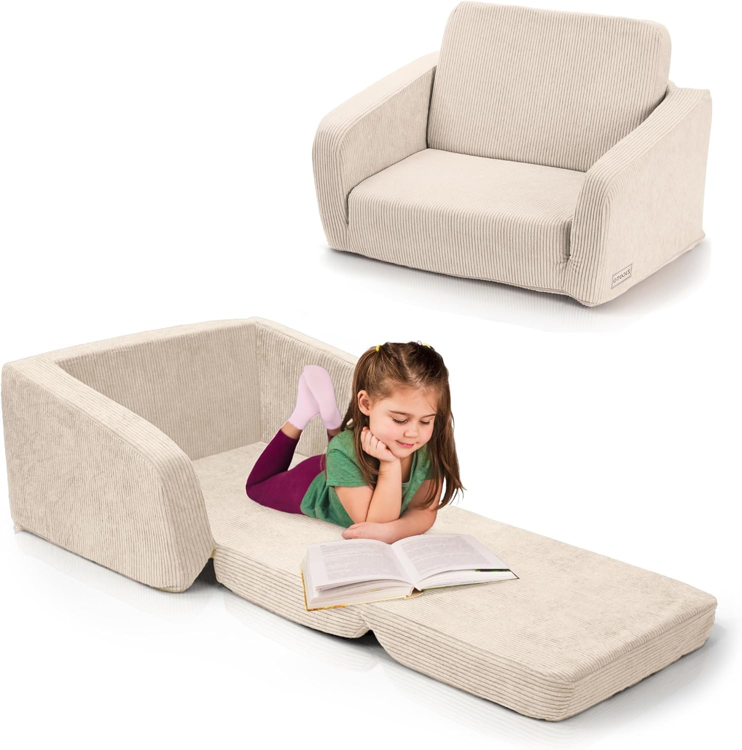 Comfy Kids Chair for Toddler - Stylish 2 in 1 Lounger Made of Memory Foam Easily Unfolds Into a Soft Baby Couch to Nap On - Modern Fold Out Sofa for the Little Ones - Grand Goldman